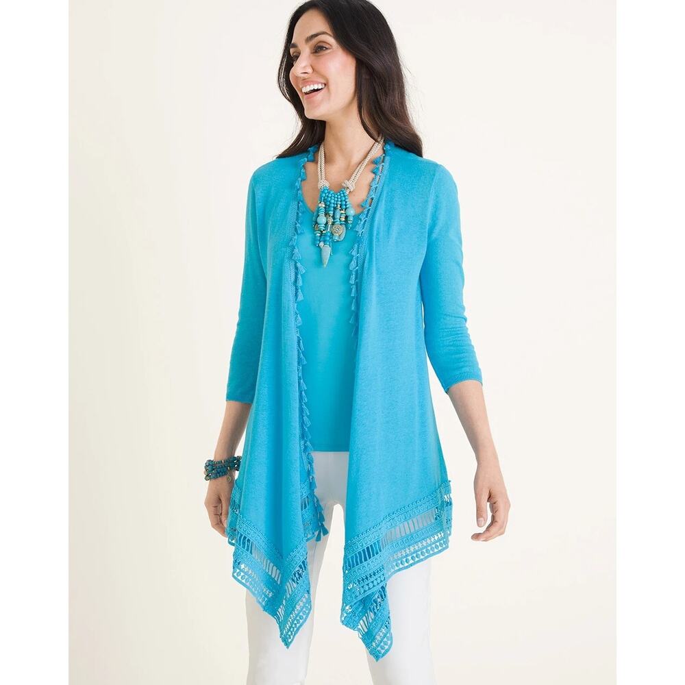 CHICO'S Blue Linen Blend Tassel Trim Open Front Cardigan Boho Sweater Size 1 - Picture 12 of 12